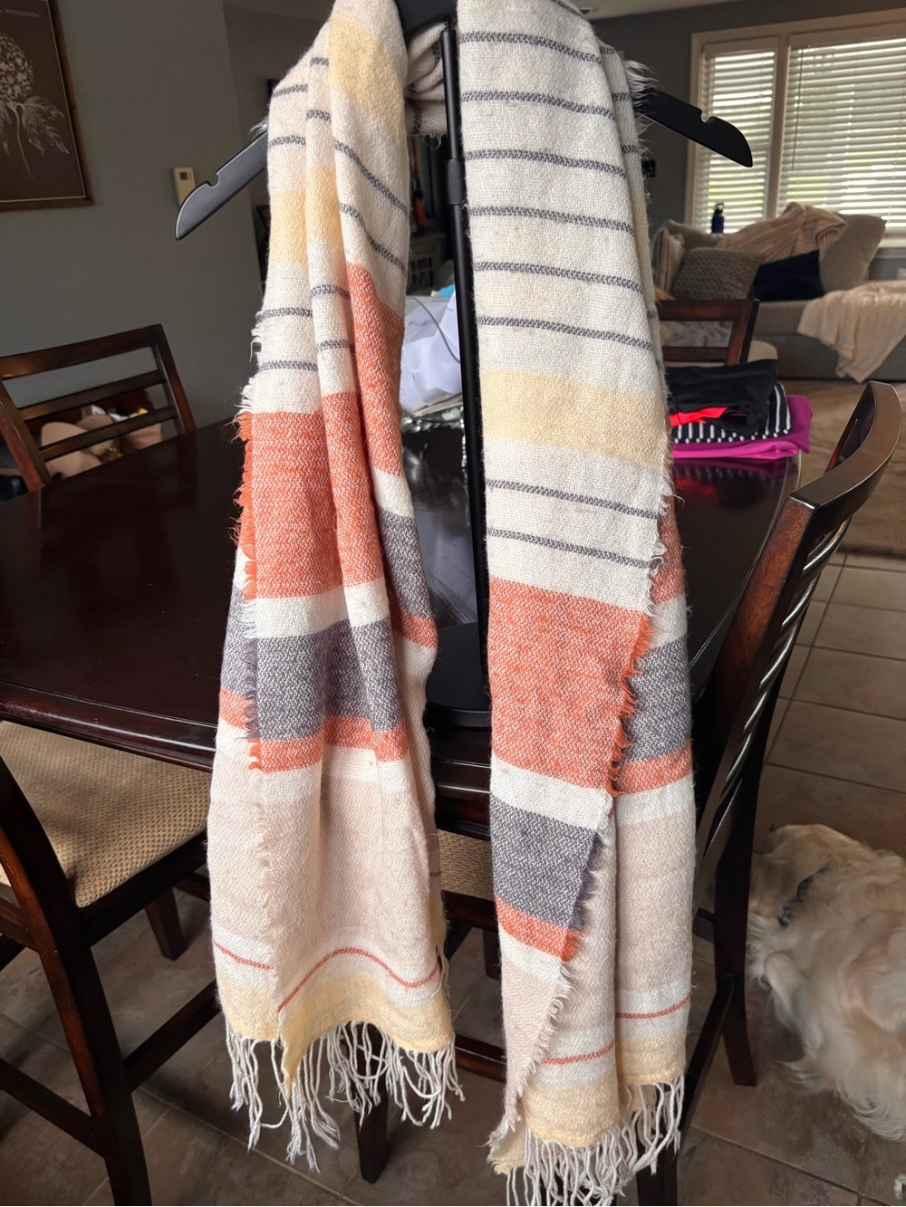 LOFT Cream, Orange & Gray Striped Fringe Scarf